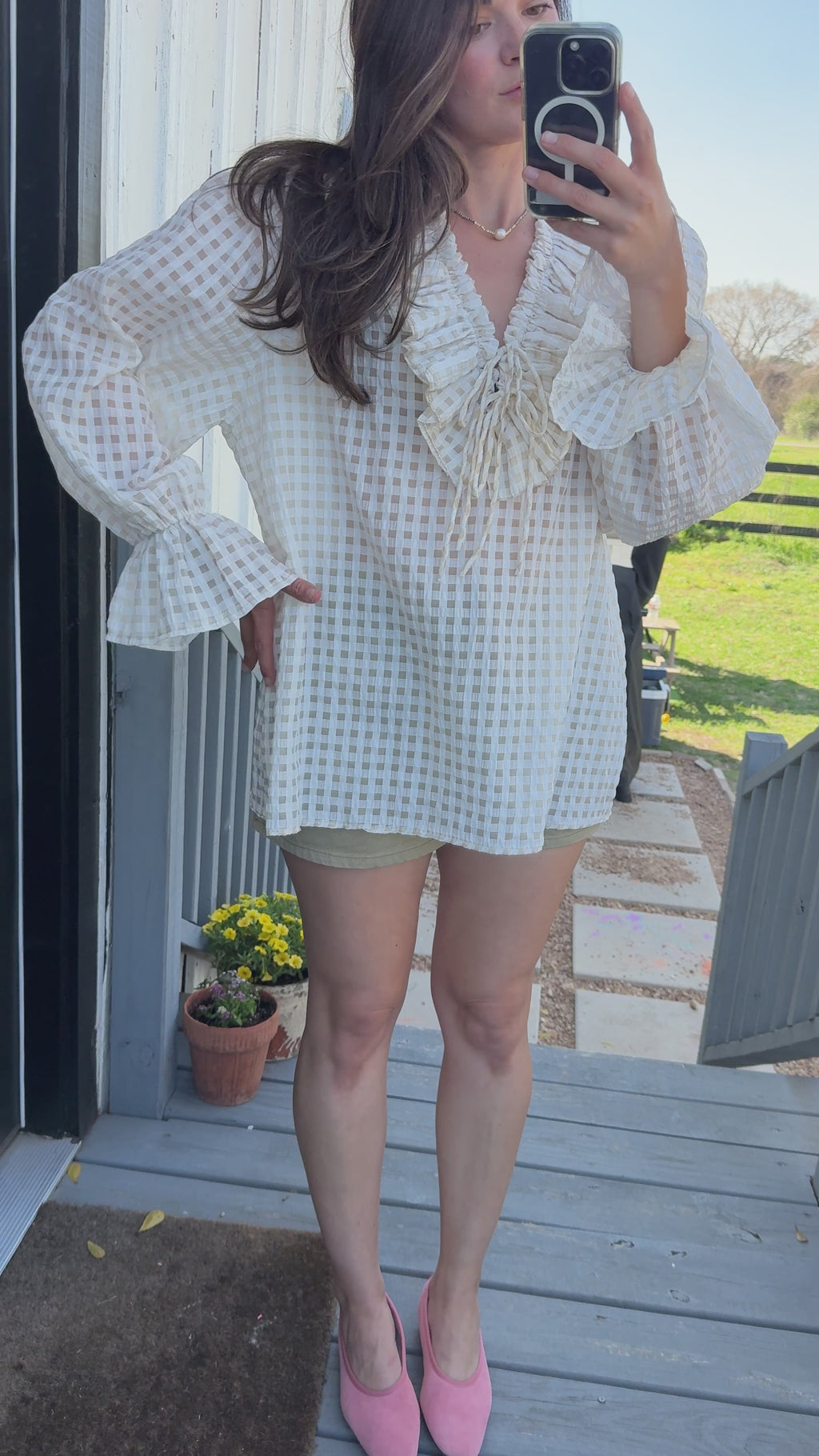 Gingham Ruffle 100% Cotton Blouse