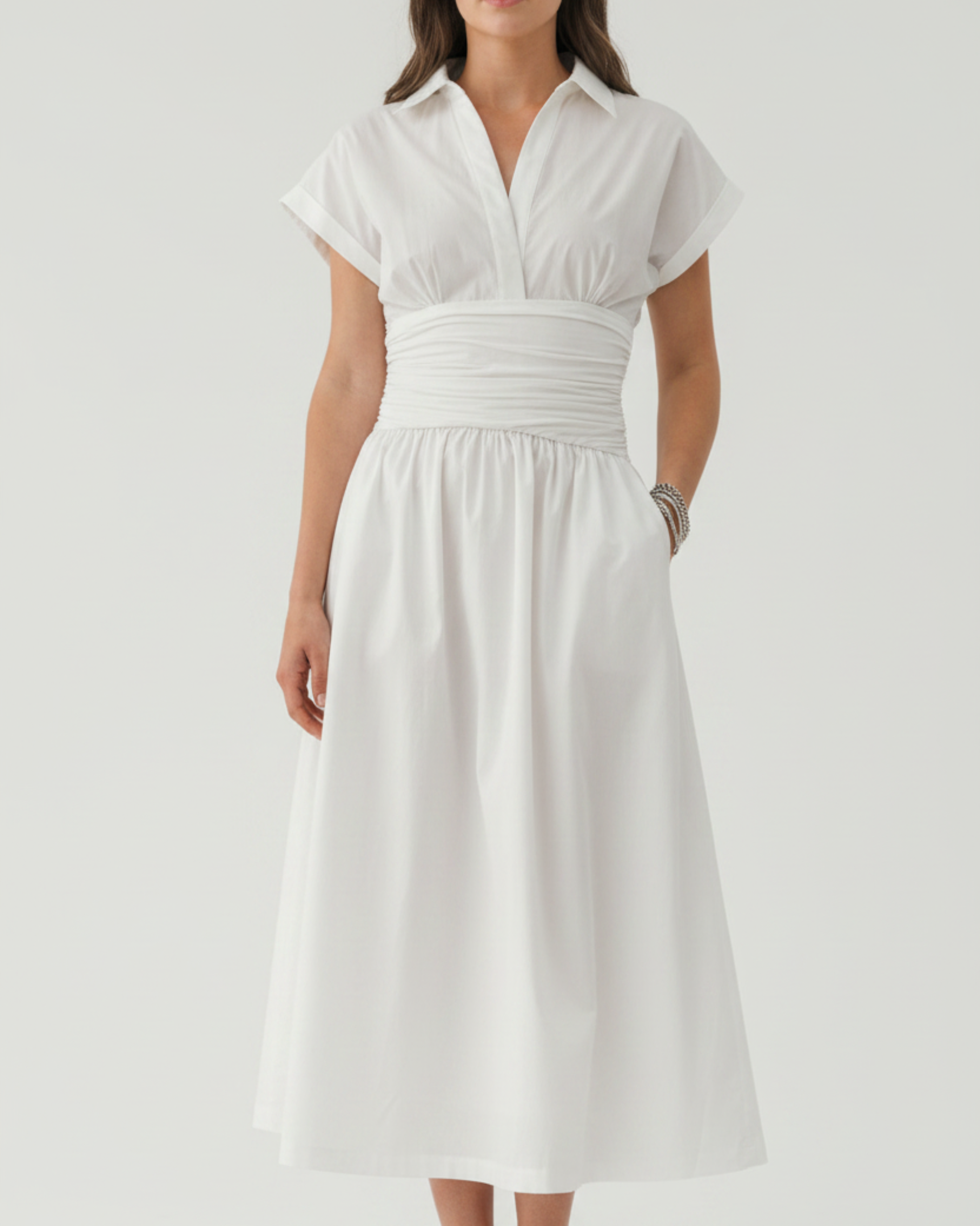 The Ruched Waist Cotton Maxi Dress Small / White The Ruched Waist Cotton Maxi Dress Small / White