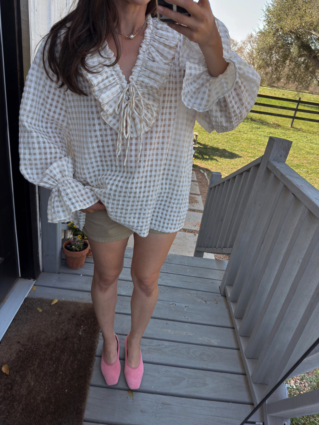Gingham Ruffle 100% Cotton Blouse